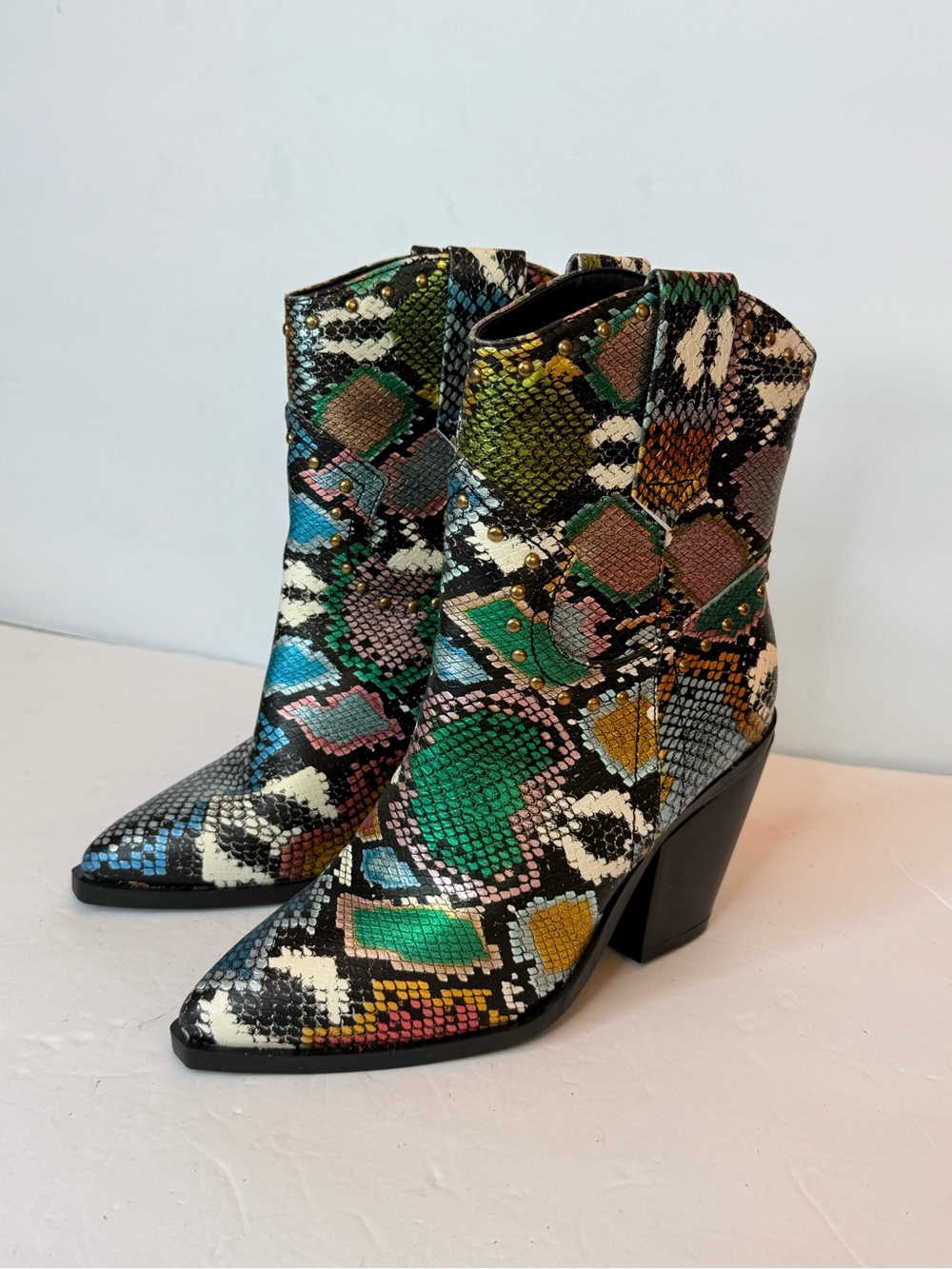 Multicolor Snake-Print Pointed Toe Ankle Boots